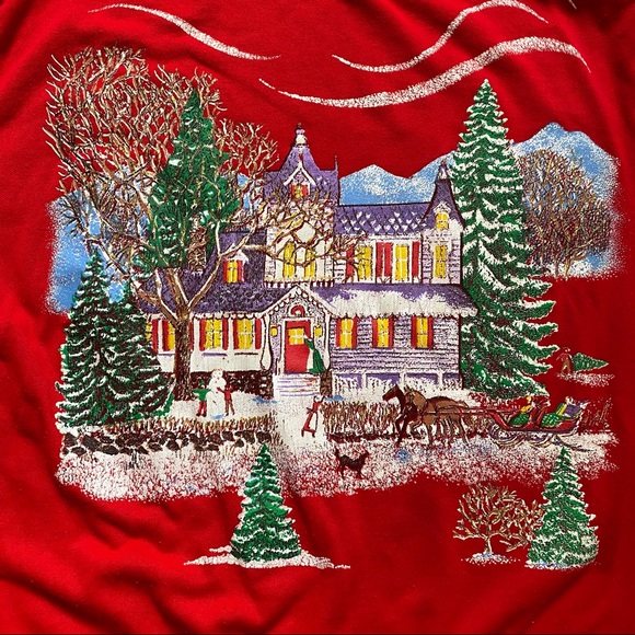 Vintage Christmas Sweater Red Large Graphic Snow - Picture 5 of 7